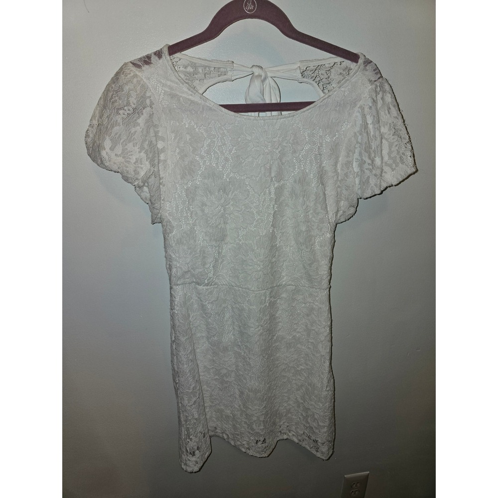 Free People White Lace Mini Dress Open Back Tie Smocked Boho Women Medium